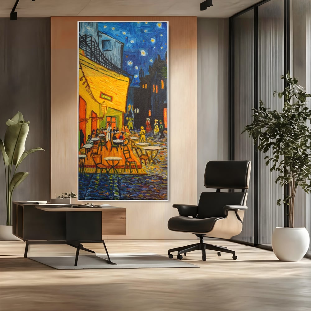 Tablou canvas cu tablou canvas cu terasa unei cafenele noaptea, in rama de aluminiu argintiu, pe perete intr-un birou